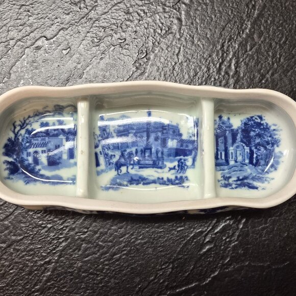 VTG Victoria Ware Flow Blue Ironstone Trinket Tray Lid 3 Compartments Shabby - Picture 7 of 9